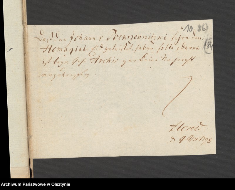 image.from.unit.number "In S. [Sache] der Pfandsbesitzern Johann v. [von] Pokrzywnicki und deßen Ehegathin Caroline Eleonore geboren von Zabienski wegen des zum alleinigen Eigenthum an sie abgetretenen Antheils F im adl. [adeliche] Allodial Gut Lomnau [Łomno] Haupt Amts Neidenburg [Nidzica] bestehend aus 1 Hube 11 Morgen 15 R. [Rute]"