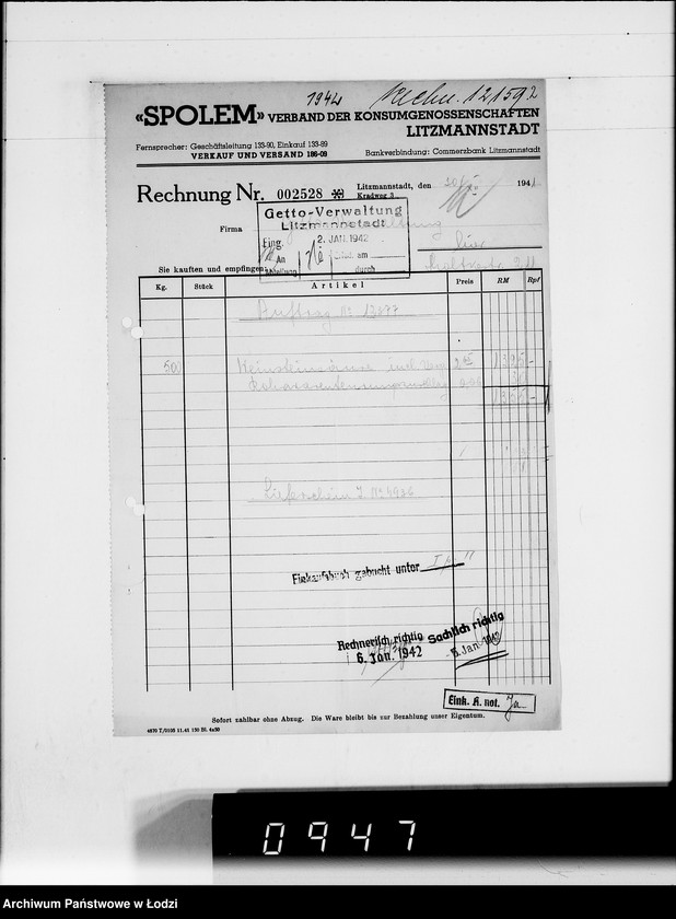 Obraz 6 z jednostki ""Społem" Rechnungen [za dostawy towarów dla Getta]"