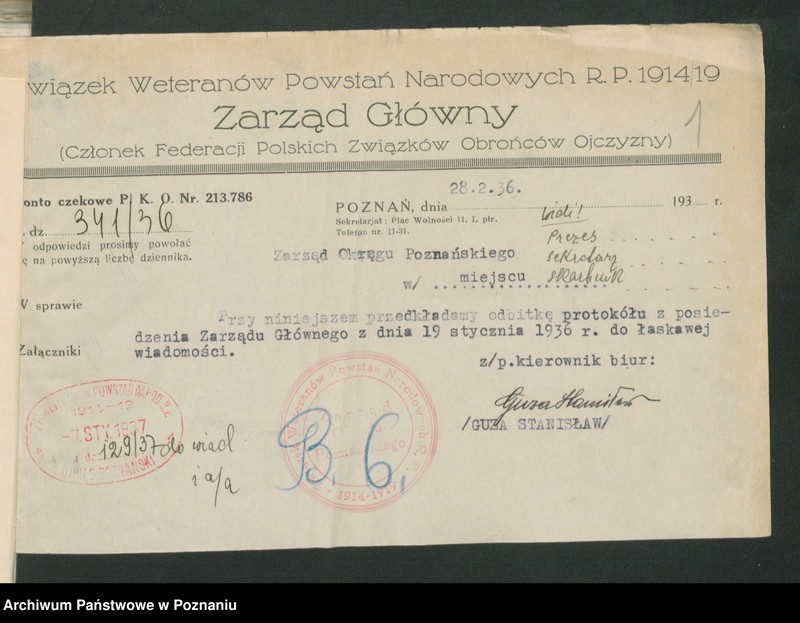 Obraz 5 z jednostki "Odpisy protokołów z posiedzeń Zarządu Głównego Związku Weteranów Powstań Narodowych i Związku Powstańców Wielkopolskich."