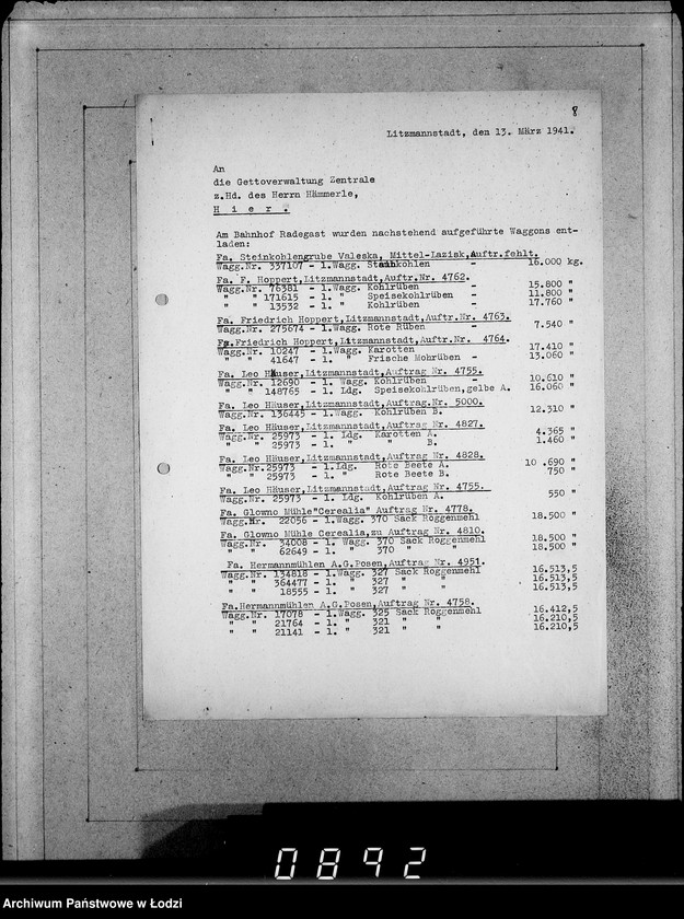 Obraz 12 z jednostki "Ablage [Korespondencja dostawców do Getta dot.wagonowych przesyłek produktów żywnościowych, opału do stacji Radogoszcz]"