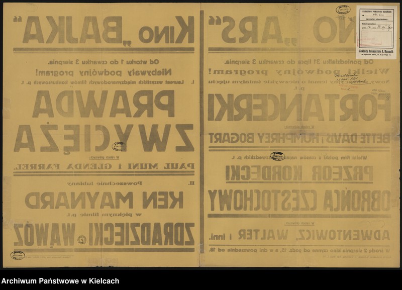 image.from.unit.number "Afisze kinowe: kino "Ars" i kino "Bajka". Filmy: "Fortancerki", "Przeor Kordecki - obrońca Częstochowy" i "Prawda zwycięża""