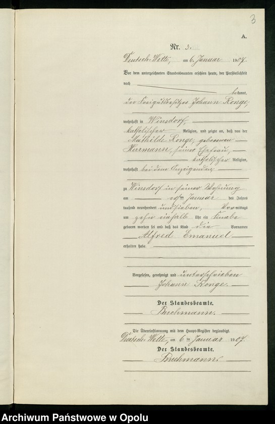 Obraz 7 z jednostki "Geburts-Neben-Register des Standesamts Deutsch Wette pro 1907"