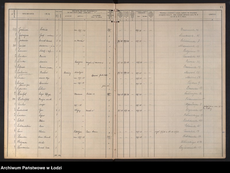 Obraz 17 z jednostki "Księga kontroli ruchu ludności (rejestr osób opuszczających gminę) Łódź, zespół III, lit. H, I, J, L, Ł"