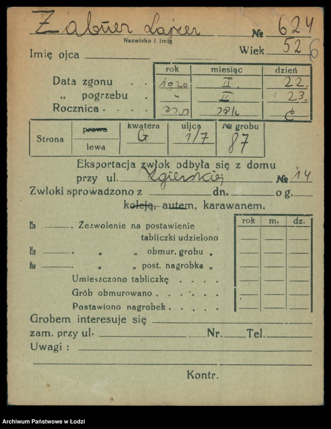 Obraz 7 z jednostki "Kartoteka osób pochowanych na cmentarzu żydowskim przy ulicy Brackiej w latach 1892-1956. Nazwiska na literę Ż"