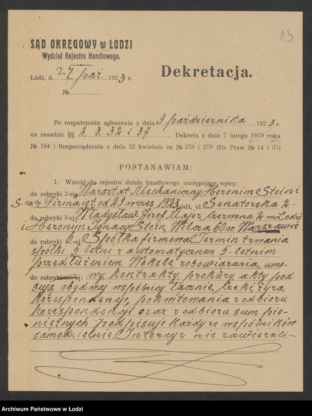 Obraz 15 z jednostki "H.Sztajn i S-ka- warsztat mechaniczny"