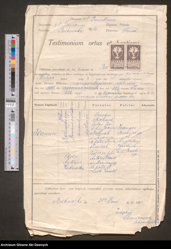 image.from.unit.number "Parafia: Bukowsko (pow. sanocki, woj. podkarpackie). Świadectwo urodzenia i chrztu Jana Bochnak, ur. 25 VI 1907 r. we wsi Wolica, wyst. przez proboszcza parafii."