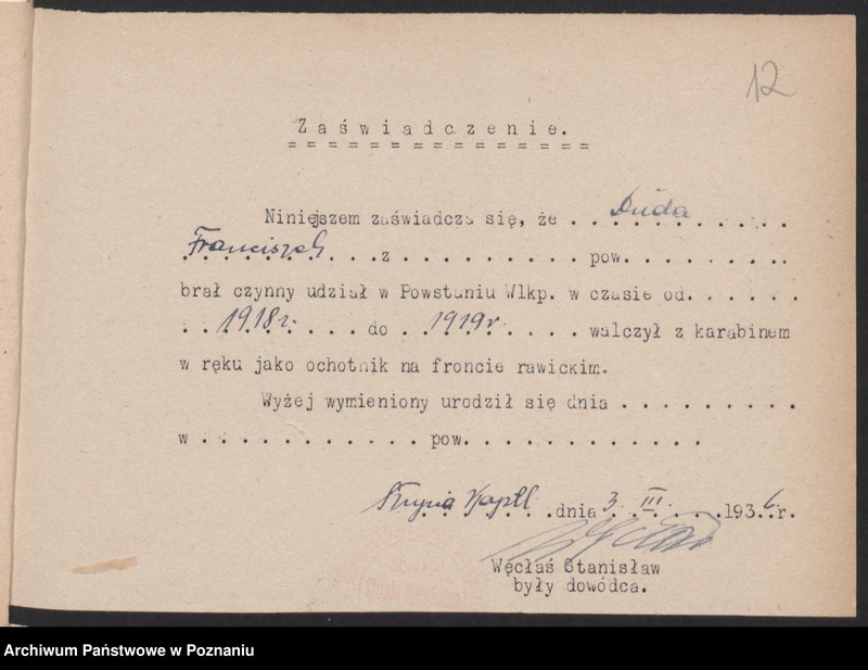 Obraz 14 z jednostki "Słupia Kapitulna, powiat Rawicz - indywidualne zaświadczenia o uczestnictwie w powstaniu."