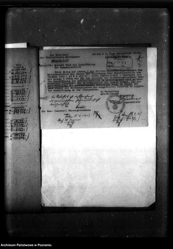 Obraz 7 z jednostki "Statistik - Bericht des Gaufürsorgeverbandes Kreisgau Wartheland in Posen über die Durchführung der Tuberculosehilfe im Rechnungsjahr 1943."