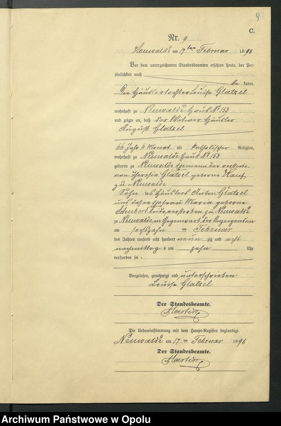 Obraz 13 z jednostki "Sterbe-Neben-Register des Standesamts Altewalde pro 1898"