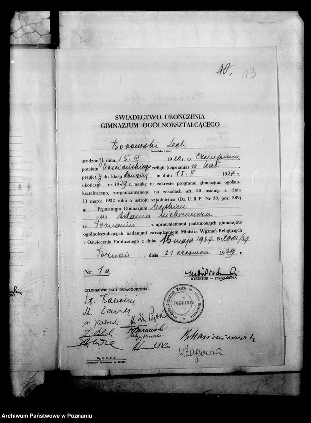 Obraz 16 z jednostki "Prywatne Liceum i Gimnazjum imienia Mickiewicza - Poznań [spis uczniów klasy II liceum oraz świadectwa ukończenia gimnazjum (IV klasy)]"