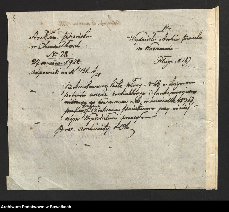 image.from.unit.number "[Korespondencja z Wydziałem Archiwów w Warszawie w sprawie list płac dla archiwisty i woźnego Archiwum Państwowego w Suwałkach]"