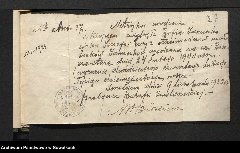 Obraz 7 z jednostki "Aneksa do aktów zaślubionych r.kat. parafji Puńsk z r. 1923"