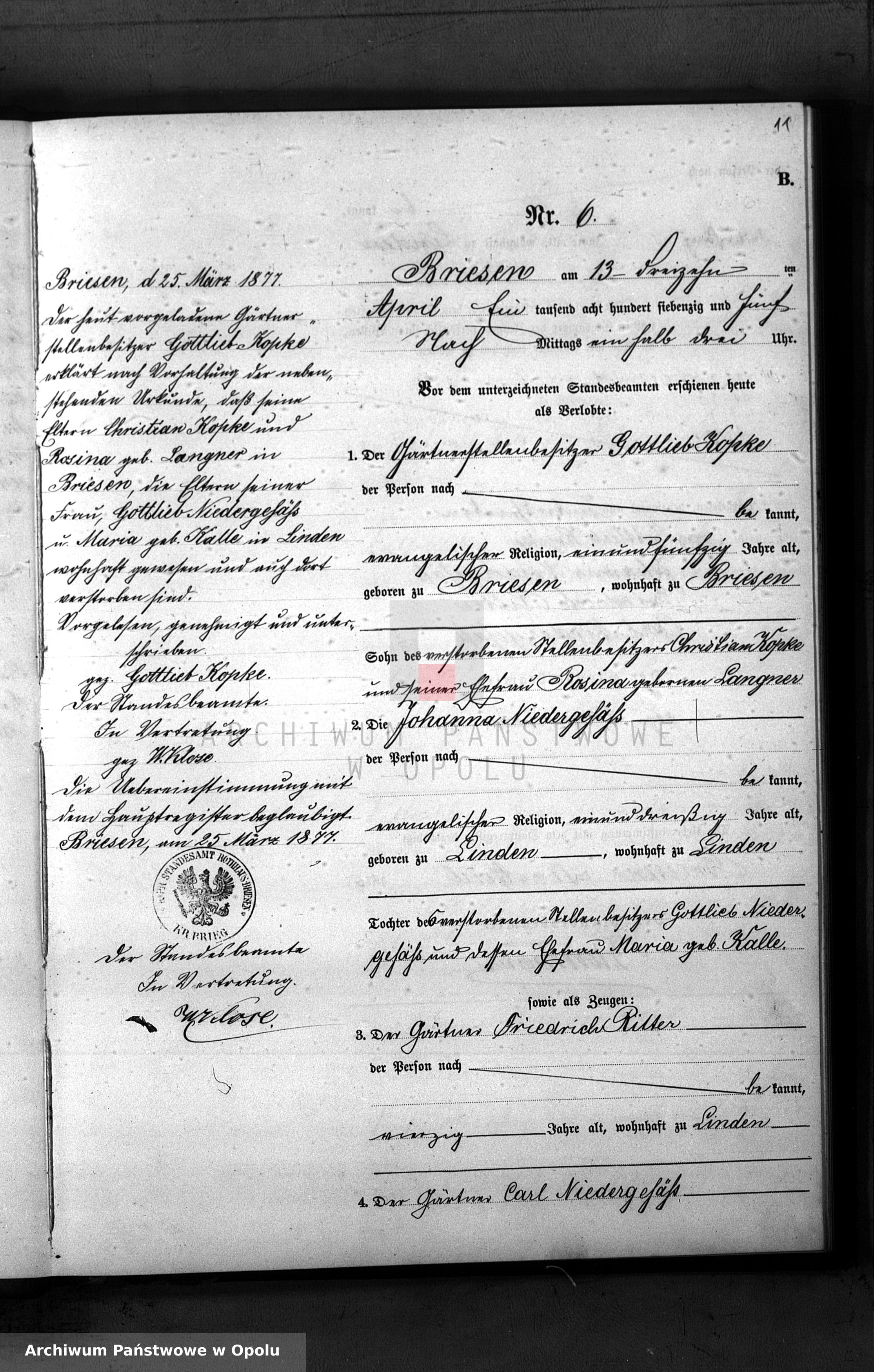 Skan z jednostki: Heiraths-Neben-Register Rothhaus Briesen pro 1875