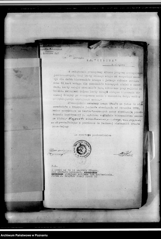 Obraz 7 z jednostki "Korespondencja dotycząca działalności sportowej: adresy towarzystw zrzeszonych w Polskim Okręgowym Związku Piłki Nożnej. Tabela rozgrywek"