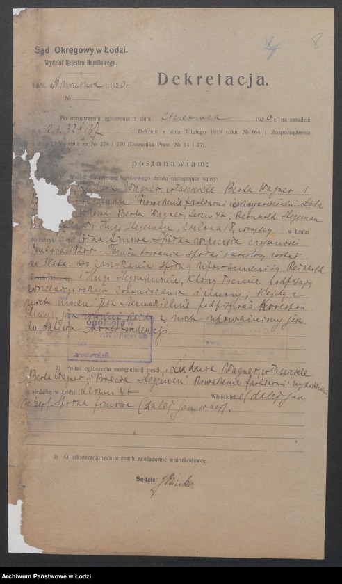 Obraz 10 z jednostki "Ludwik Wagner- właściciele Berta Wagner i Bracia Stegeman- prowadzenie farbiarni i wykończalni"