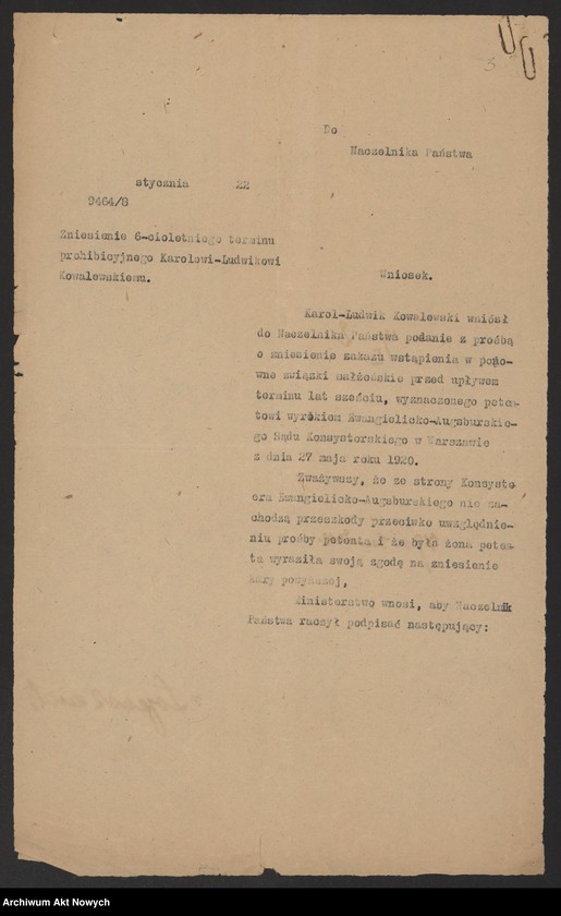 image.from.unit.number "Zniesienie wyroków Ewangelickich Sądów Konsystorskich: Augsburskiego i Reformowanego, o sześcioletnim terminie zakazu wstąpienia w ponowne związki małżeńskie oraz zakazu 10 miesięcznego.Reskrypty Naczelnika Państwa, wnioski, korespondencja z Min. Wyznań Religijnych i Oświecenia Publicznego"