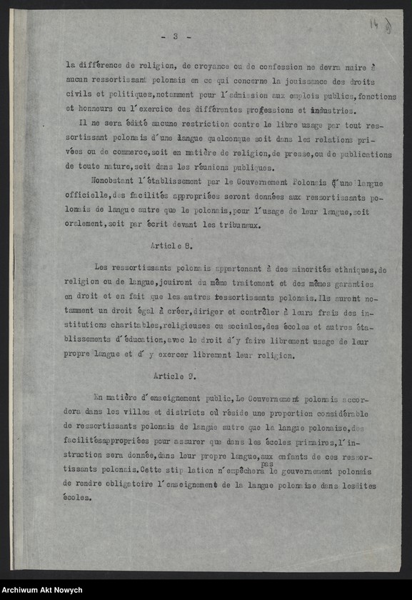 image.from.unit.number "Sprawa mniejszości narodowych w Polsce na Konferencji Pokojowej. Projekty traktatu o mniejszościach. Stanowisko Delegacji Polskiej. Oświadczenia, korespondencja, wycinek prasowy"