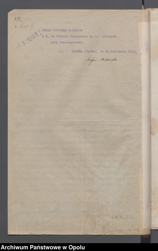 Obraz 16 z jednostki "Recrutement-Effectifs-Renforts-Situations /Korespondencja dotycząca uzupełnień, demobilizacja, wzmocnienie stanów liczebnych oddziałów/ 3.09.1920"