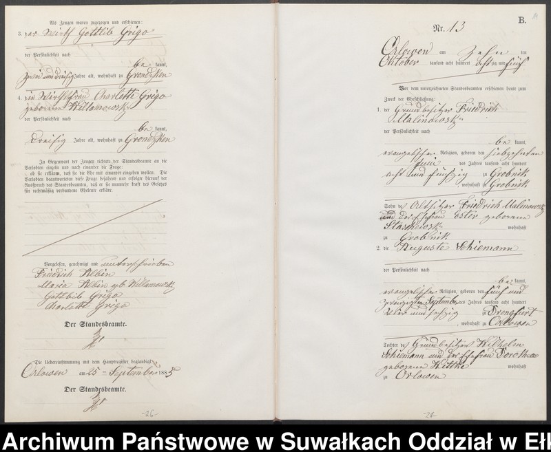 image.from.unit.number "Heiraths-Neben-Register des Preussischen Standes-Amtes Orlowen Kreis Loetzen für das Jahr 1885"