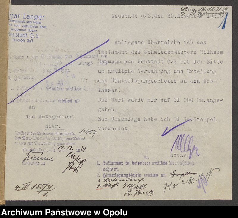 Obraz 4 z jednostki "Verfügung von Todes wegen des Schmiedemeisters Wilhelm Reimann in Neustadt"