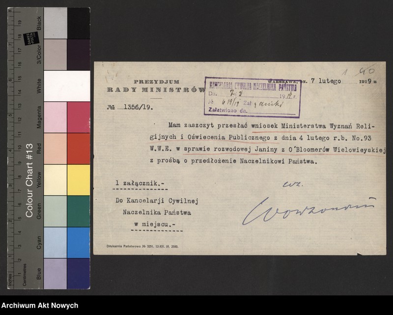 image.from.unit.number "Przeniesienie forum sądowego spraw rozwodowych do Sądów Konsystorskich Ewangelicko - Augsburskiego i Ewangelicko - Reformowanego oraz skrócenie rocznego terminu zapozwu w sprawach rozwodowych, rozpatrywanych przed najwyższymi sądami. Reskrypty Naczelnika Państwa, wnioski, korespondencja z Min. Wyznań Religijnych i Oświecenia Publicznego"