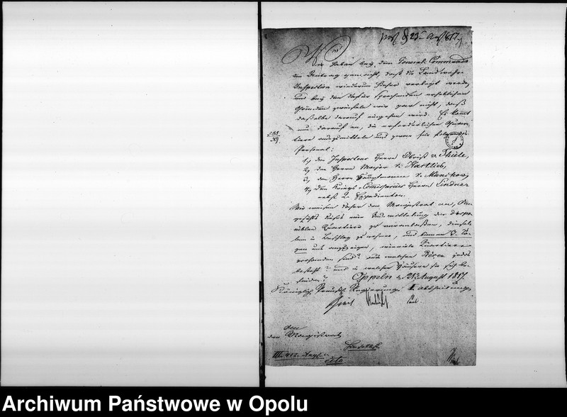 Obraz 5 z jednostki "Acta des Magistrats zu Oppeln betreffend die verlangte Zurückverlegung der Landwehr - Inspection von Neisse nach Oppeln und Ausmittelung der Quartiere für dieselbe Vol. I 1817"