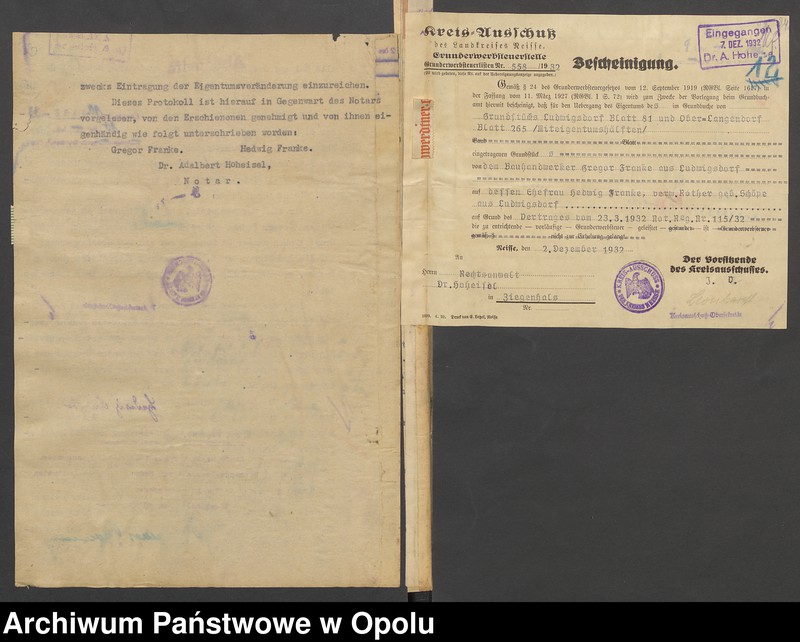 image.from.unit.number "Grundakten für Band VII Blatt 265 des Grundbuchs von Oberlangendorf Eigentümer Albert und Hedwig geboren Schope Rothersche Eheleute, Franke Gregor Hedwig Franke Rother geboren Schöpe, Kirchner August."