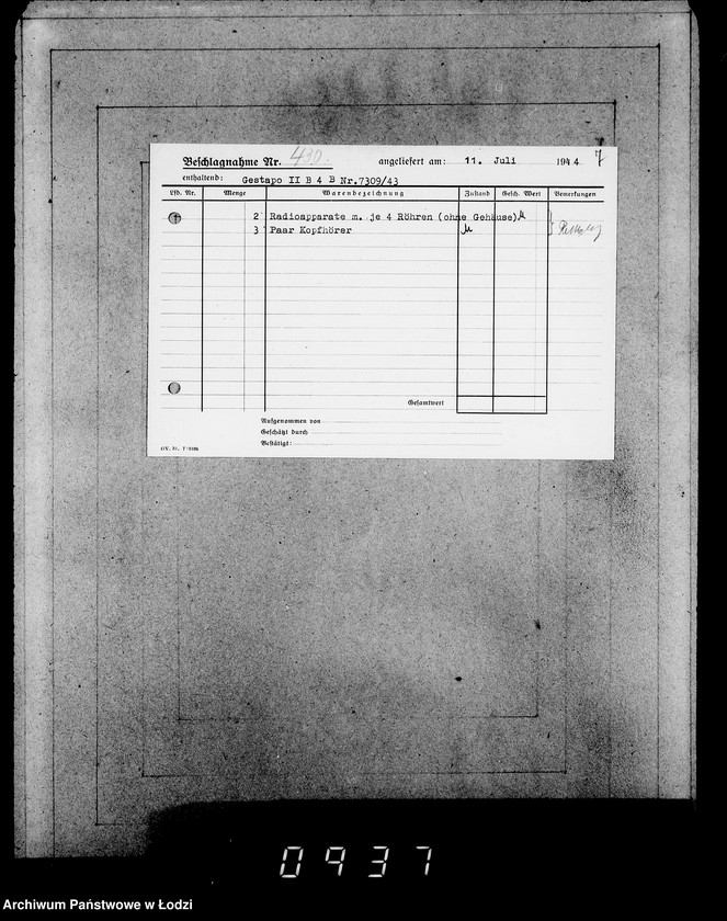 Obraz 11 z jednostki "Gestapo Kulmhof Leslau 400-436 [Kartoteka skonfiskowanego majątku ruchomego u Żydów]"