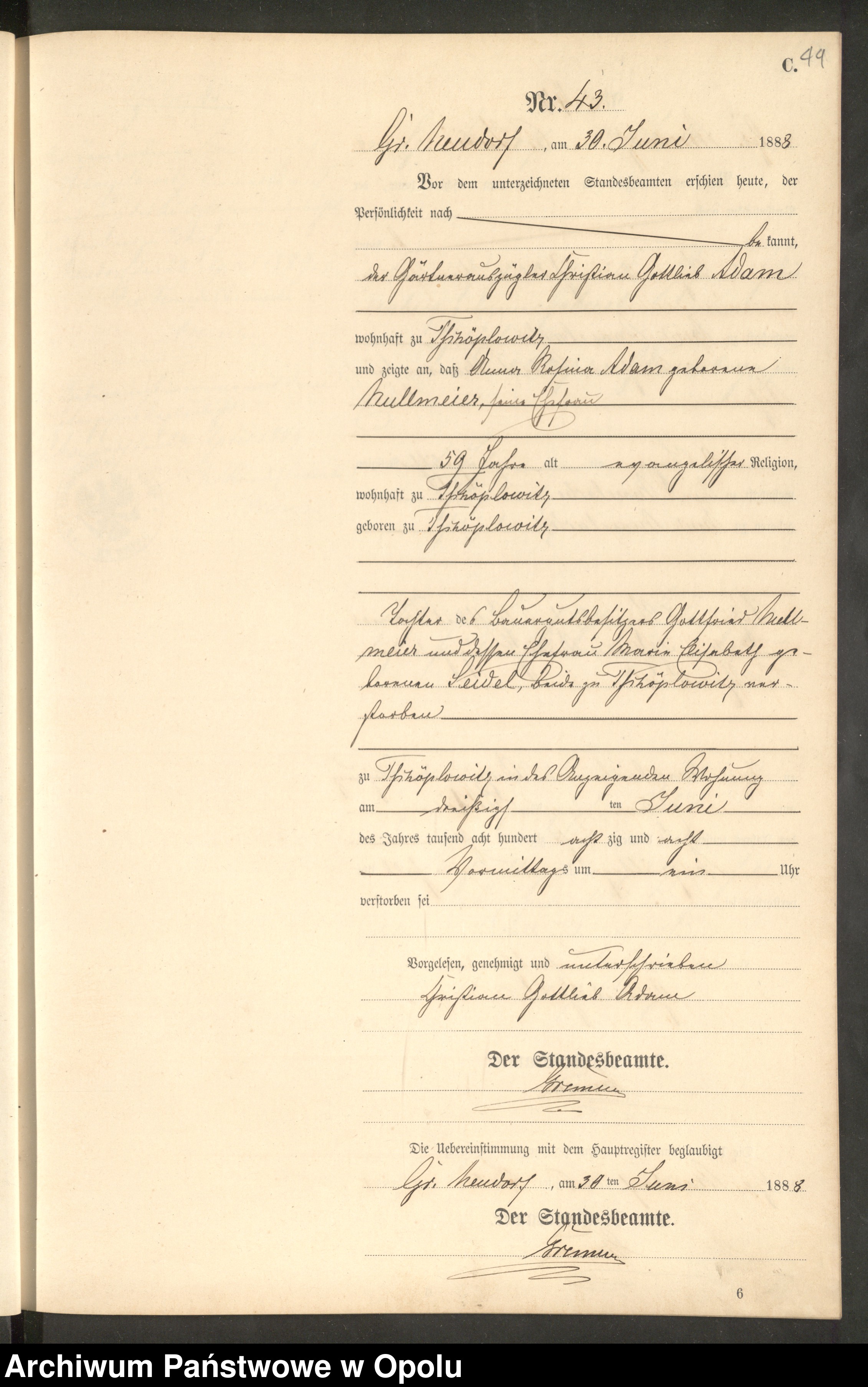 Skan z jednostki: Sterbe-Neben-Register Standes-Amt Gross Neudorf 1888