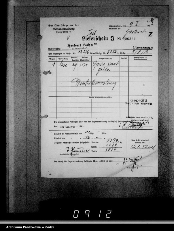 Obraz 10 z jednostki "Aufträge [Lieferscheinen und Rechnungen] 12321-12376 Lebensmitteleinkauf 5/Mü [Dostawa żywności dla Getta i dla obozu cygańskiego]"