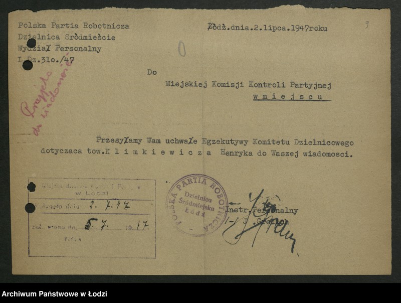 Obraz 10 z jednostki "Korespondencja Miejskiej Komisji Kontroli Partyjnej t. II"