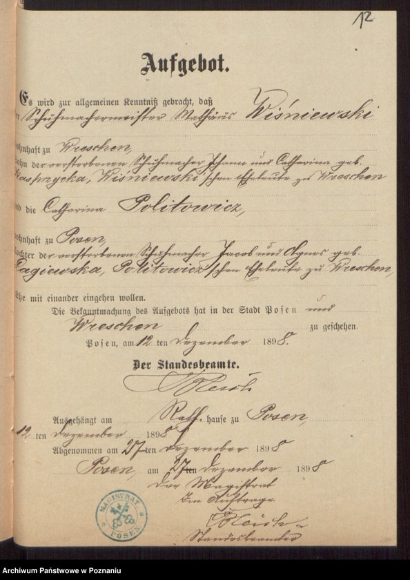 Obraz 14 z jednostki "Die von den Verlobten beigebrachten Urkunden zur Eheschliessung pro 1899"