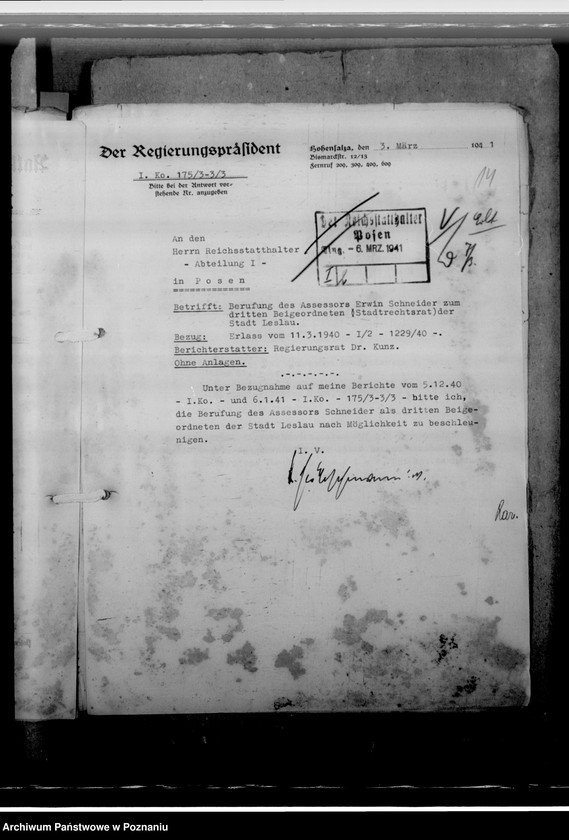 image.from.unit.number "Berufung des Assessors Schneider in Hohensalza - Inowrocław, zum 3. Beigeordneten- Stadtrechtsrat"