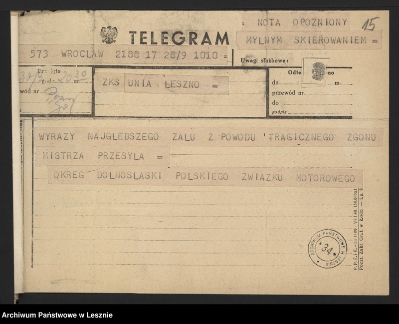 Obraz 16 z jednostki "[Nekrolog oraz telegramy nadesłane do Klubu po śmierci Alfreda Smoczyka]"