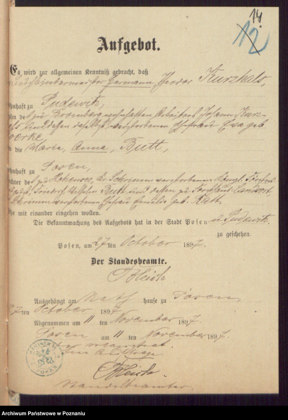 Obraz 16 z jednostki "Die von den Verlobten beigebrachten Urkunden zur Eheschliessung pro 1898"