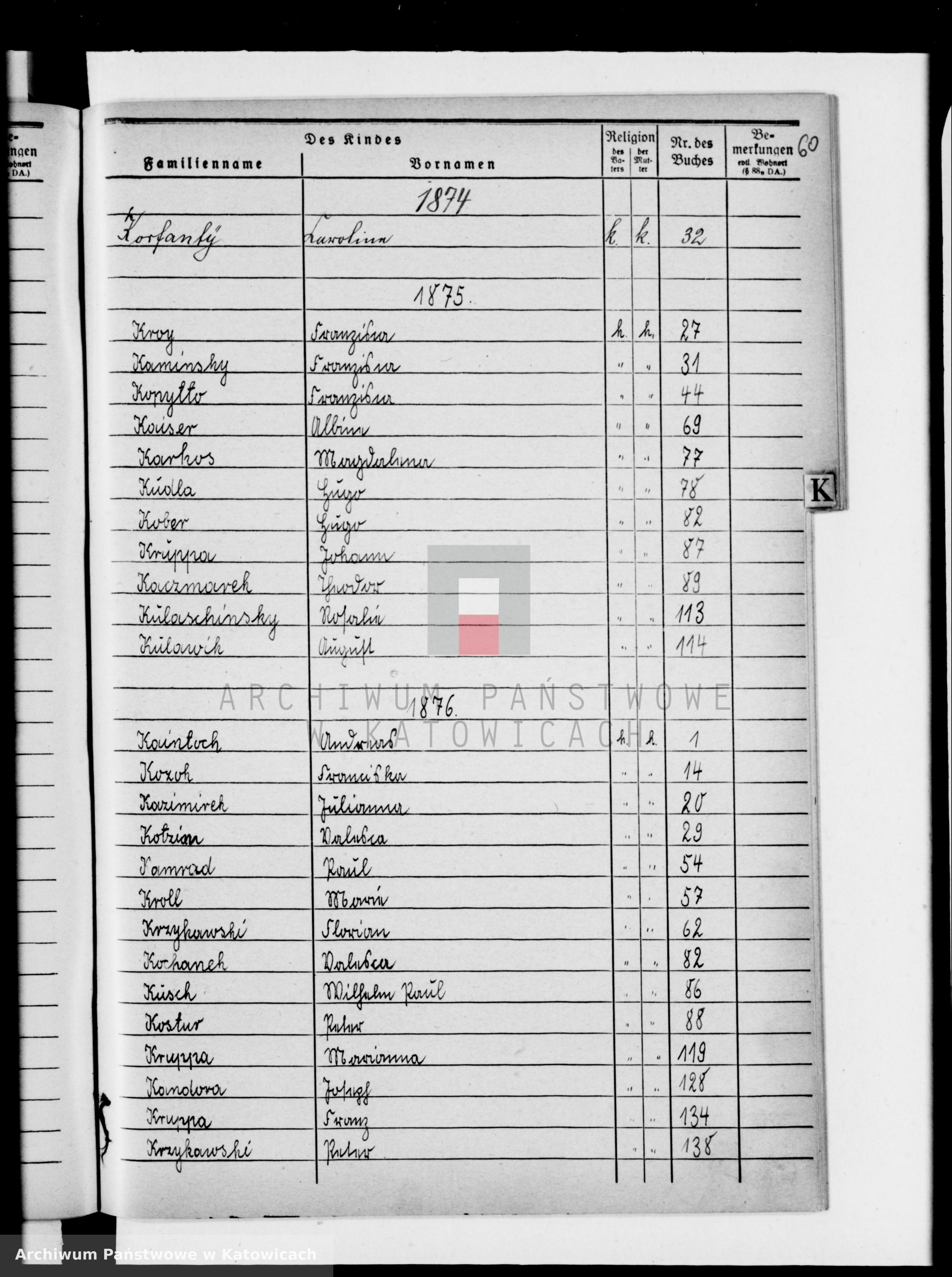 Skan z jednostki: Skorowidz do ksiąg urodzeń za lata 1874-1890