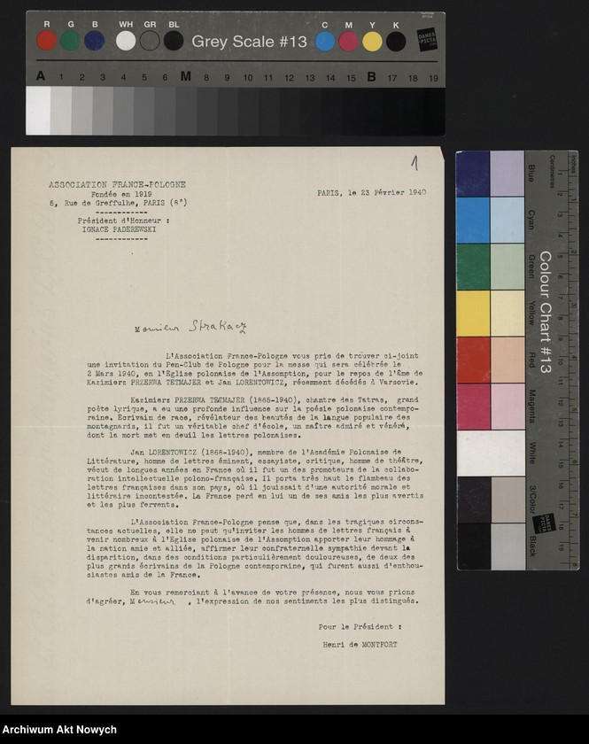 image.from.unit.number "Association France-Pologne; Załączniki: zaproszenie na nabożeństwo żałobne za Kazimierza Przerwę-Tetmajera i Jana Lorentowicza (2 egz., j. pol. i j. fr.); L.1"