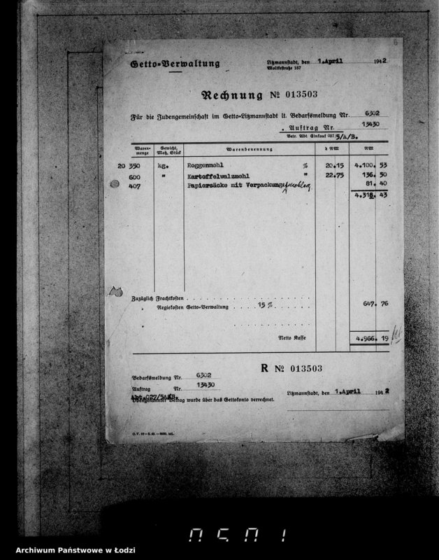 Obraz 2 z jednostki "Aufträge [Lieferscheinen und Rechnungen] 13416-13430 [Dostawa węgla i żywności do Getta]"