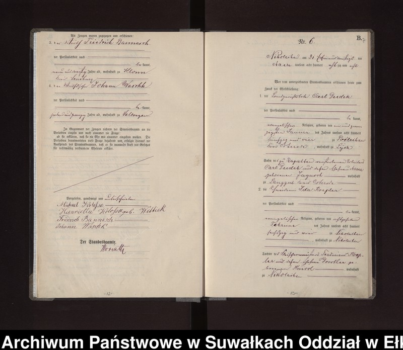 Obraz 10 z jednostki "Heiraths-Haupt-Register des Königlichen Preussischen Standes-Amtes /Stadt/ Nikolaiken Kreis Sensburg für das Jahr 1887 Nikolaiken Kreis Sensburg für das Jahr 1888"