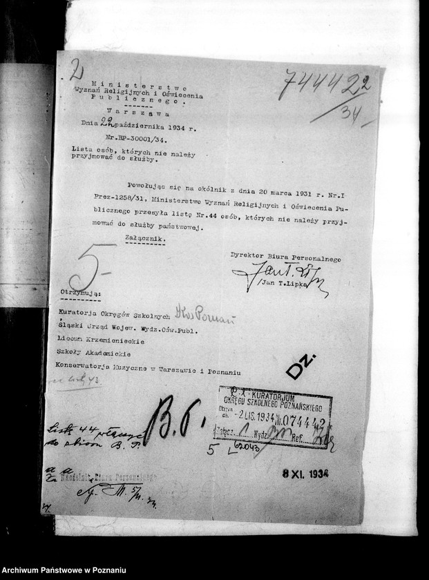 Obraz 6 z jednostki "Czarna lista - osób, których nie należy przyjmować do służby lub dopuszczać do egzaminów do szkół"