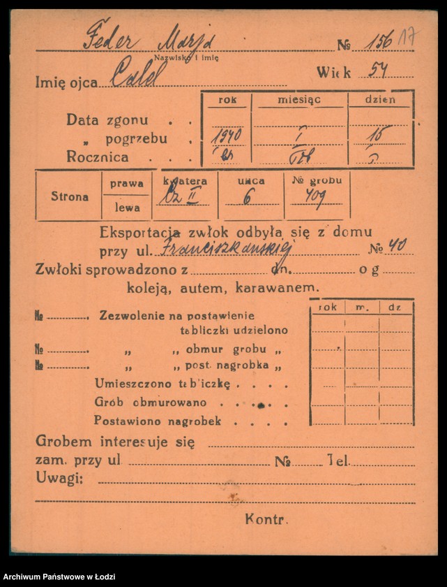 Obraz 18 z jednostki "Kartoteka osób pochowanych na cmentarzu żydowskim przy ulicy Brackiej w latach 1892-1961. Nazwiska na litery: Fe-Fisch"