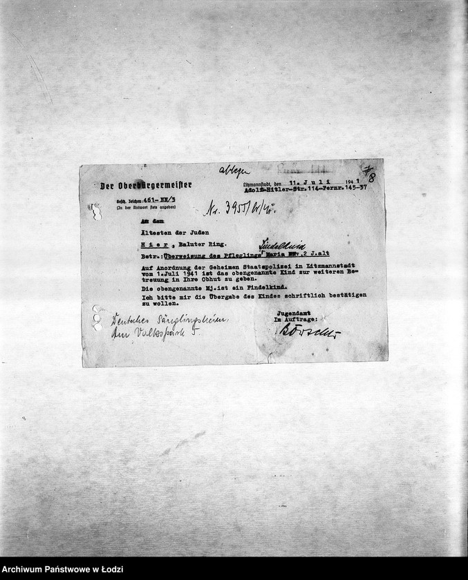 Obraz 11 z jednostki "[Korespondencja PSŻ w sprawie ruchu ludności getta, indywidualnych przesiedleń, przekazywania dzieci do getta itp.]"