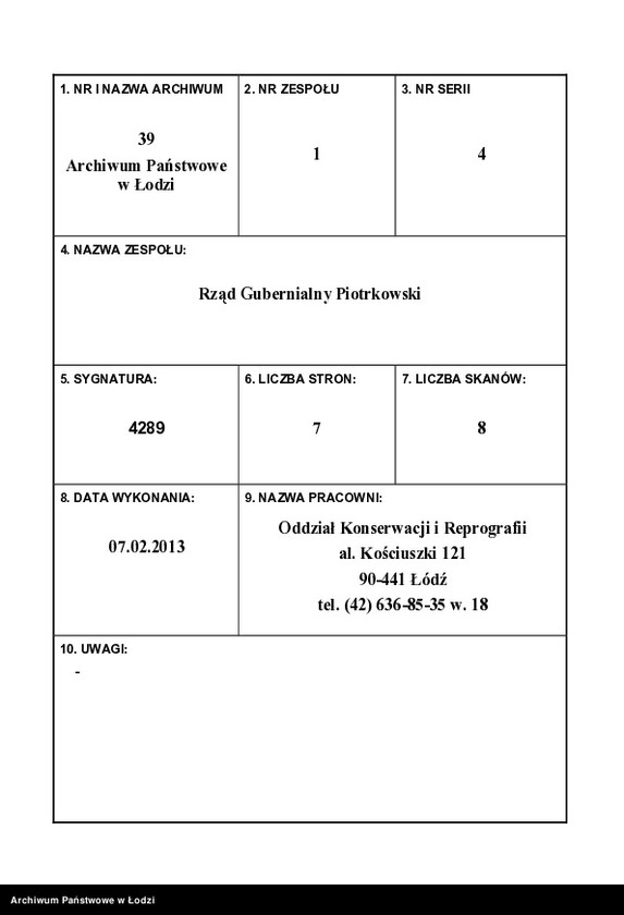 Obraz 1 z jednostki "O postrojkě Avgustom˝ Kerpertom˝ v˝ g[orode] Lodzi po Petrokovskoj ulicě pod˝ No 707 i 708 fabričnoj dymovoj truby"