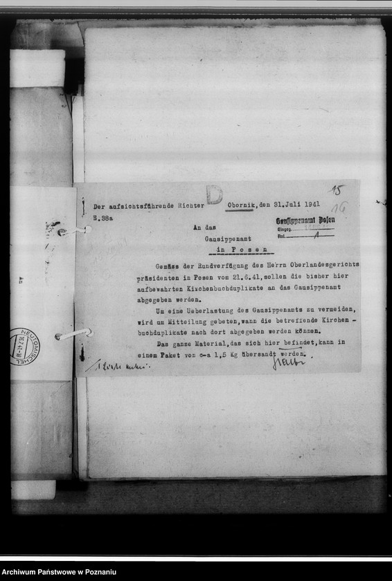 Obraz 20 z jednostki "Schriftwechsel mit den Amtsgerichten [korespondencja w sprawie ksiąg kościelnych, nazwy powiatów od M - Z]"