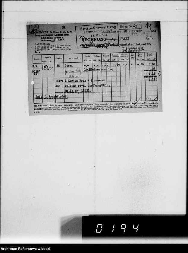 Obraz 18 z jednostki "Schenker u.Co [rachunki za dostawy towarów do Getta]"