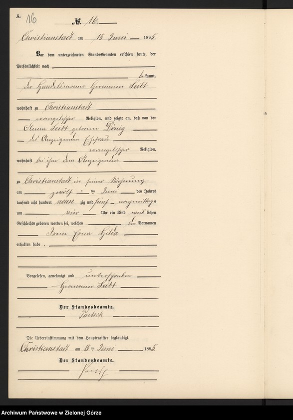 Obraz 19 z jednostki "Geburts-Neben-Register im Standes-Amt Christianstadt Kreis Sorau 1895"