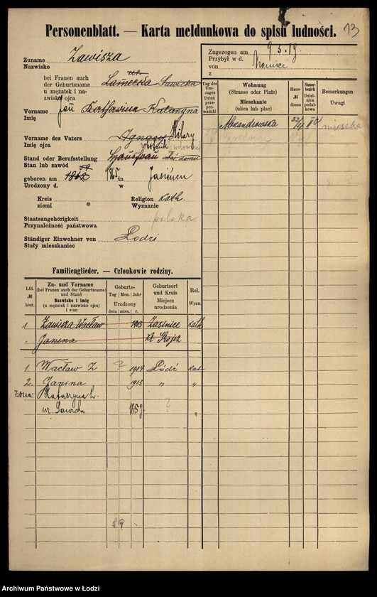 Obraz 15 z jednostki "[Spis ludności Łodzi] Zawisłowski - Zdunek"