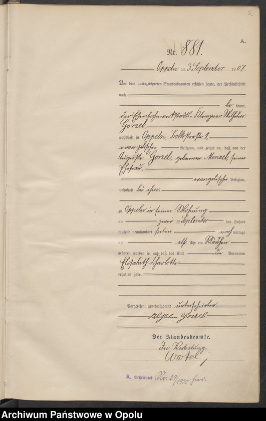 image.from.unit.number "Urząd Stanu Cywilnego w Opolu 1907 Rejestr Urodzeń miejscowa Nr 878 do 1277"