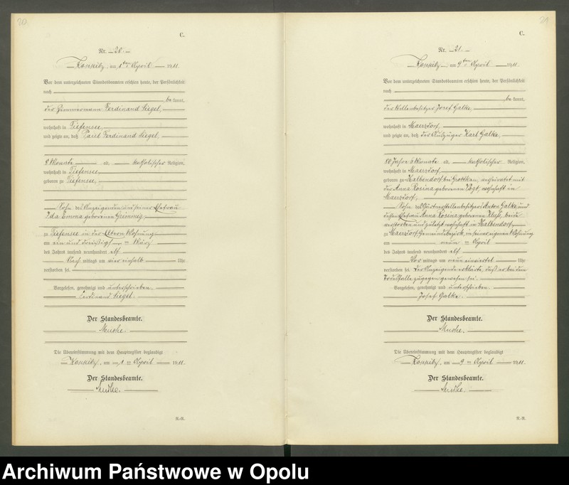 Obraz 13 z jednostki "Sterbe-Register (Neben-Register) Standesamt Koppitz 1911 No. 1 bis 72"