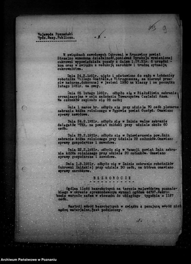 Obraz 13 z jednostki "Sprawozdania sytuacyjne tygodniowe ze stanu bezpieczeństwa za czas od 27 lutego do 7 maja 1931 r. /nr 9-17/"